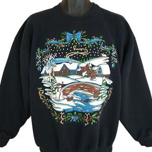 Winter Snowscape Sweatshirt Vintage 90s Reindeer Christmas Snowman Mens Large